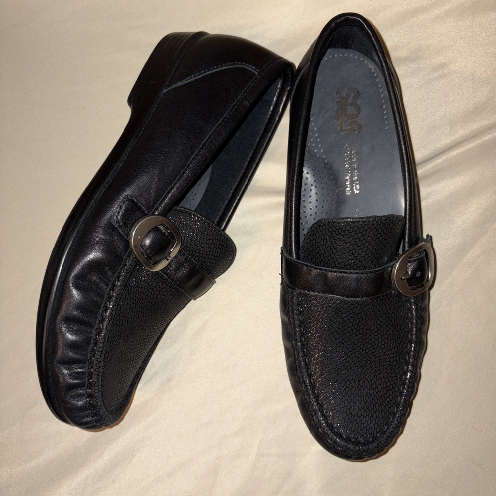 New $199 SAS Lara 8 W Black Leather Loafers Shoes Tripad Comfort Wide Buckle